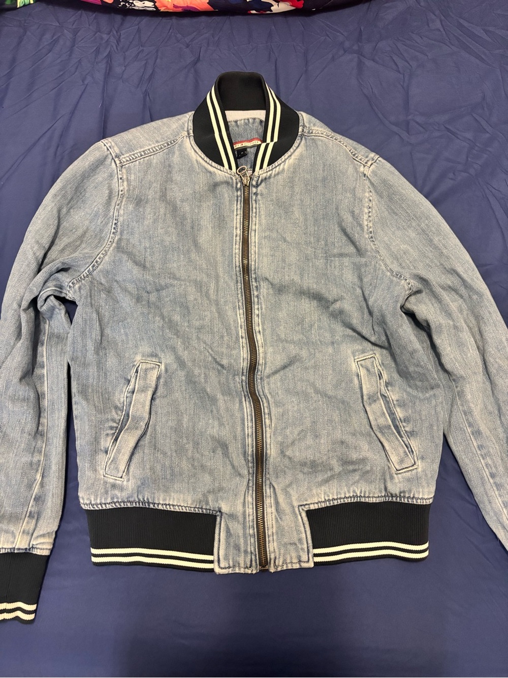 Tommy Hilfiger Men's Light Wash Denim Bomber Jacket with Contrast Rib Trim